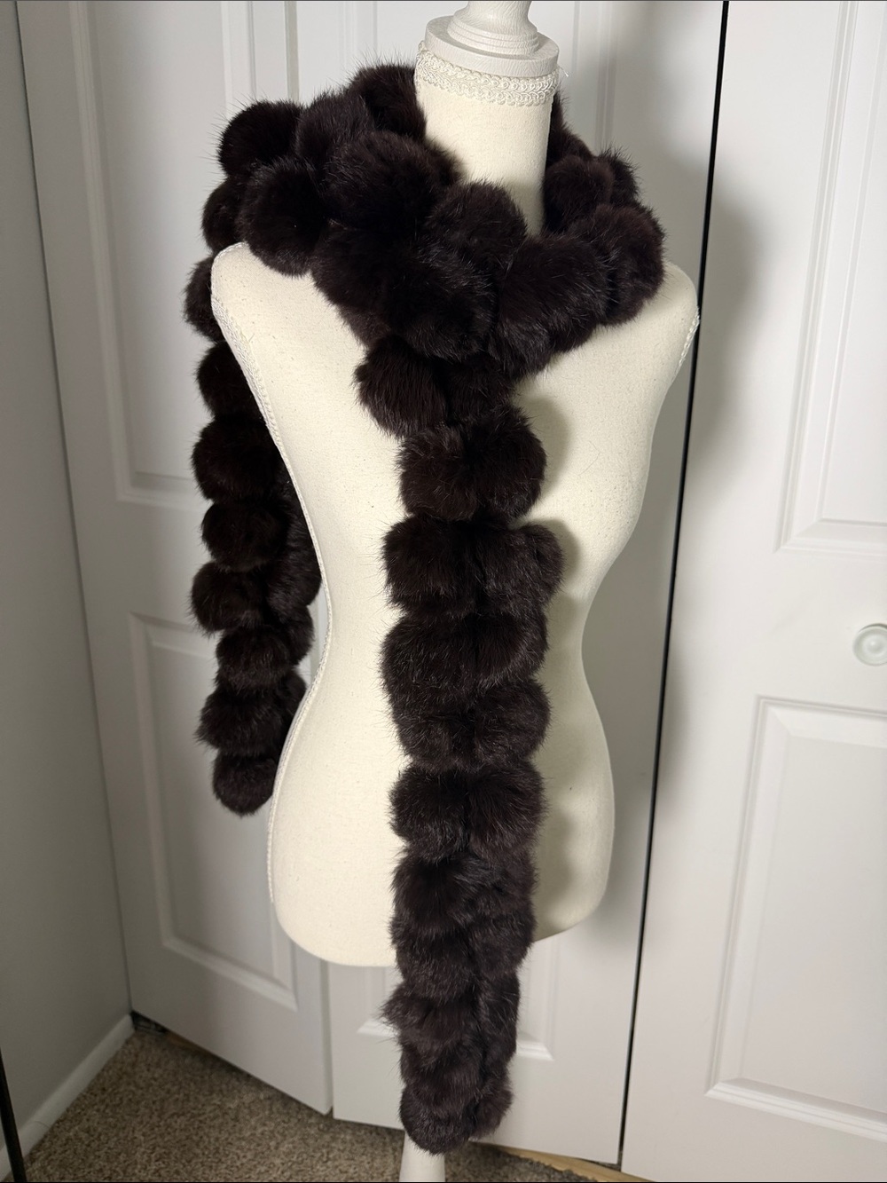 Luxurious Dark Brown Pom-Pom rabbit Fur Scarf - Women Accessories 66”